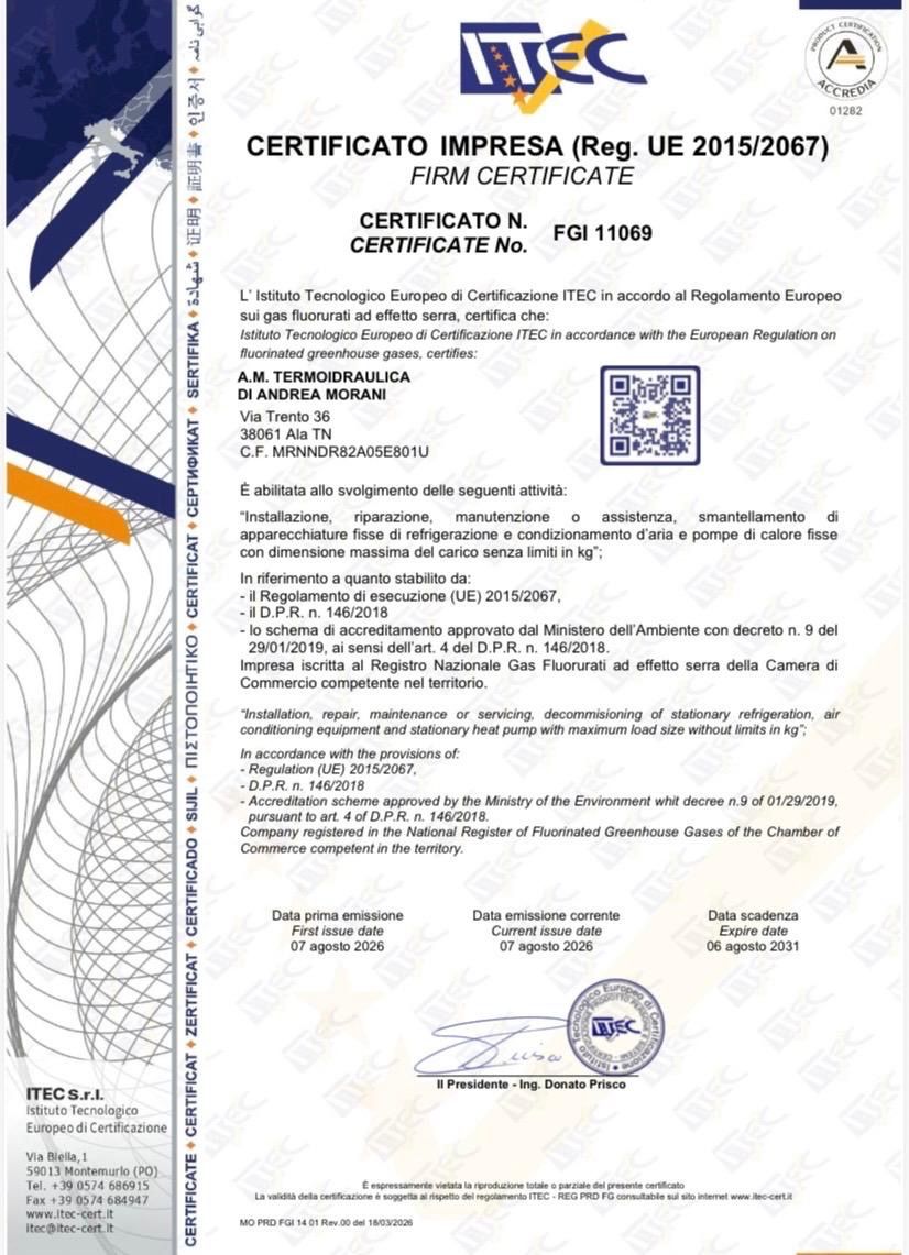 Certificato impresa F-Gas rilasciato da ITEC ad A.M. termoidraulica di Andrea Morani ai sensi del Regolamento UE 2015/2067, numero FGI 11069